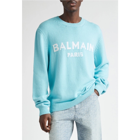 Balmain Logo Merino Wool Blend Sweater Light Blue White XL NWT - Picture 1 of 17